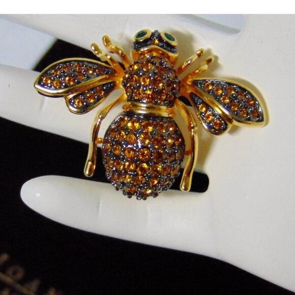 VTG Joan Rivers Gold Pave Crystal QUEEN BEE PIN Brooch Gold Topaz Rhinestones - Picture 1 of 5